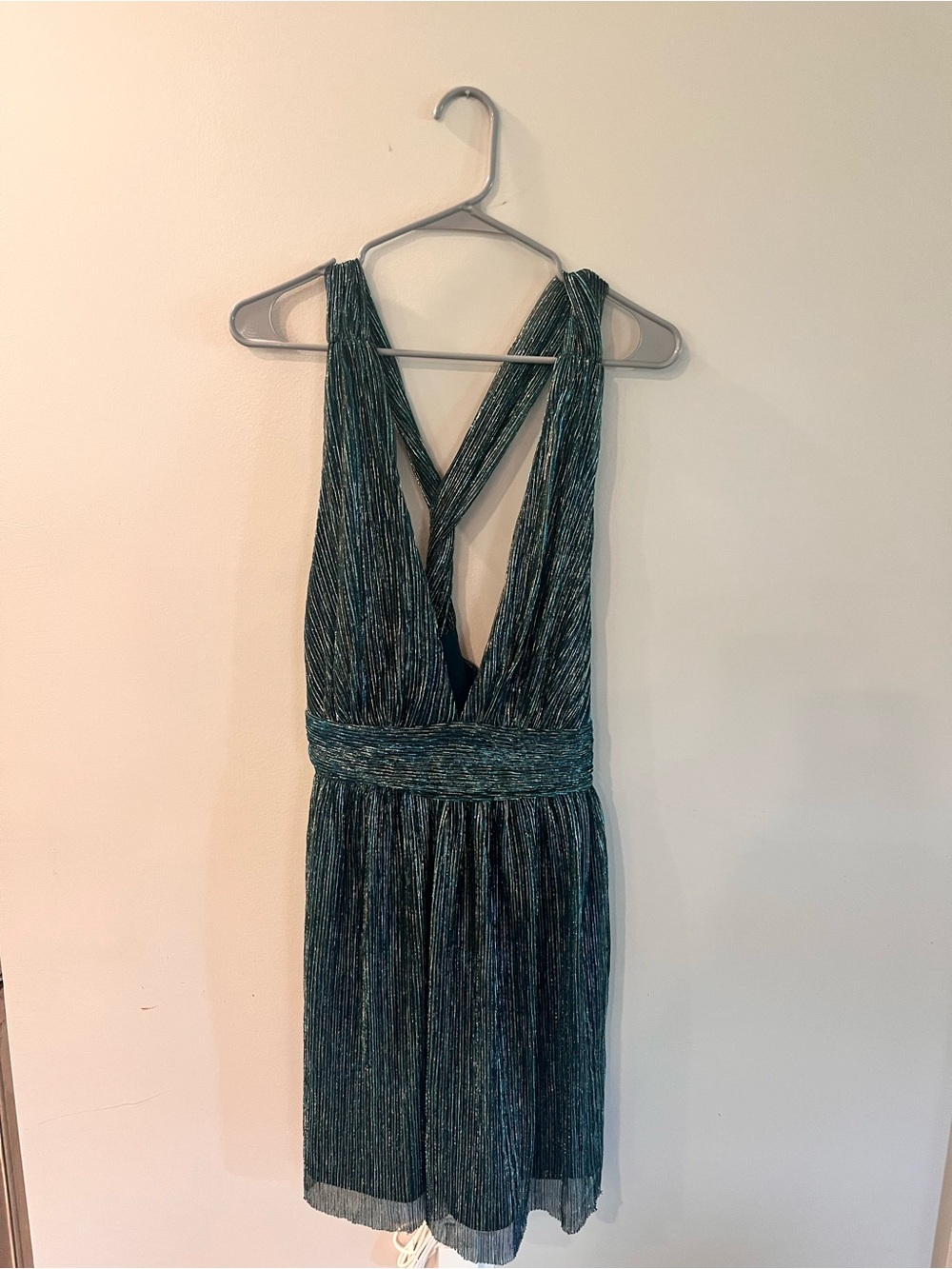 Lulu's Teal Metallic Deep V Pleated Cocktail Dress